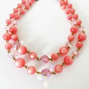 Vintage pink moonglow thermoset bead & pink ab crystal double strand necklace